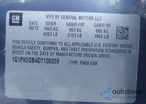 2013 Chevrolet Cruze Lt z USA, uszkodzony, nr VIN 1G1PK5SB4D7108258